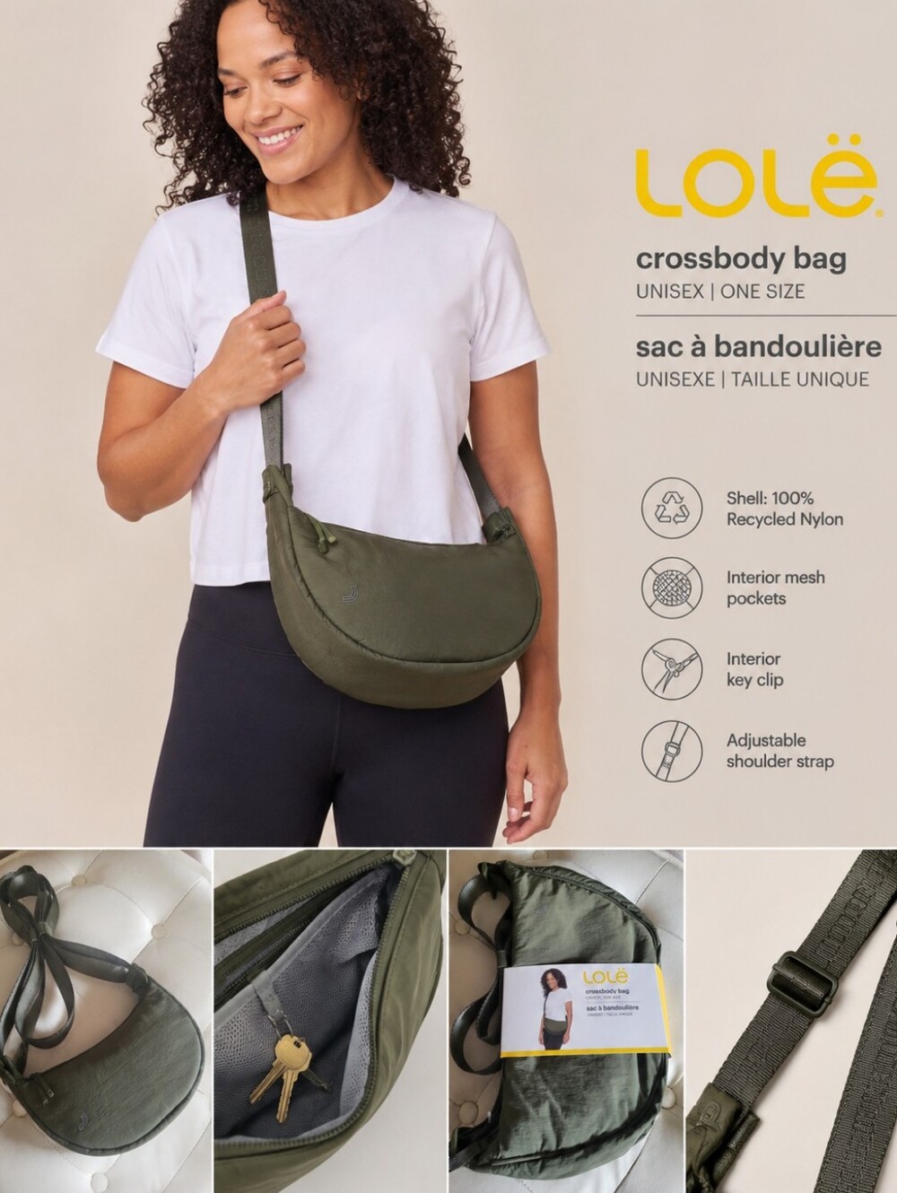 LOLË Olive Green Crossbody Bag Unisex One Size Adjustable Strap NEW - Picture 1 of 3